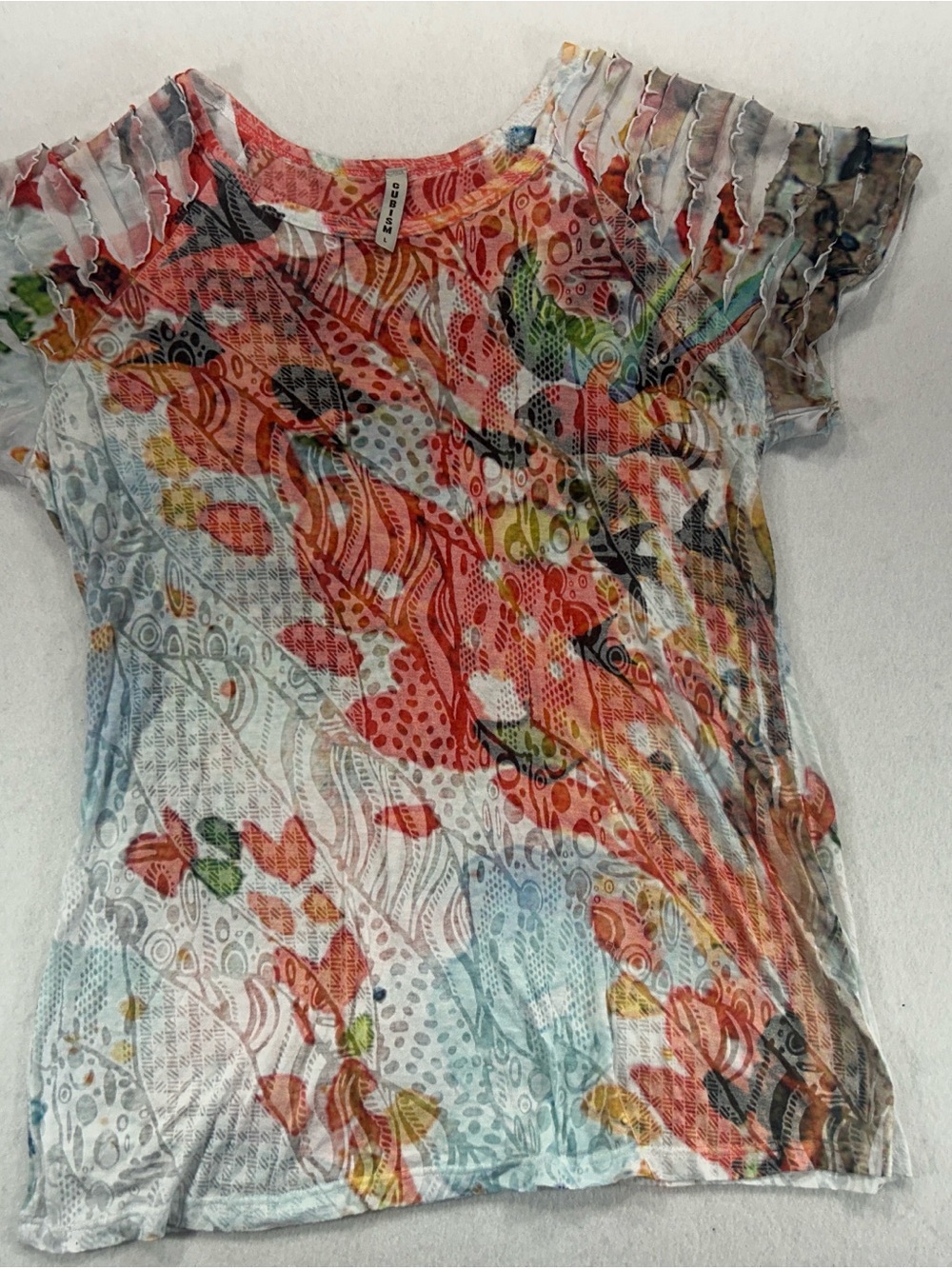 Cubism Women’s L Multicolor Fish Print Shredded Top Art to Wear Made USA